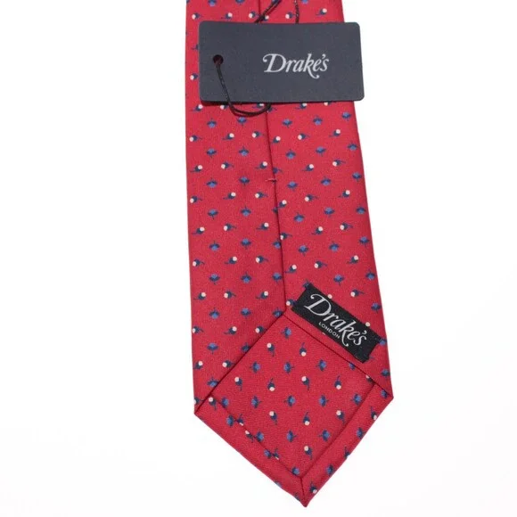 Drake's NWT Neck Tie in Red with Navy/Light Blue & White Floral Print 100% Silk